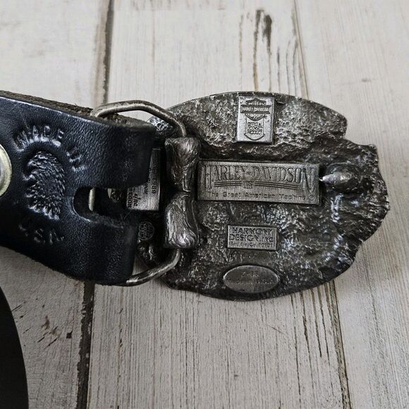 Harley Davidson Black Leather Belt 1989 Silver Heart Womens Buckle Size 34 - Picture 8 of 8